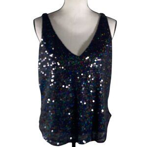 LOFT Sequin Sparkle Tank Top Sleeveless Blouse Black Multicolor glam fun party S